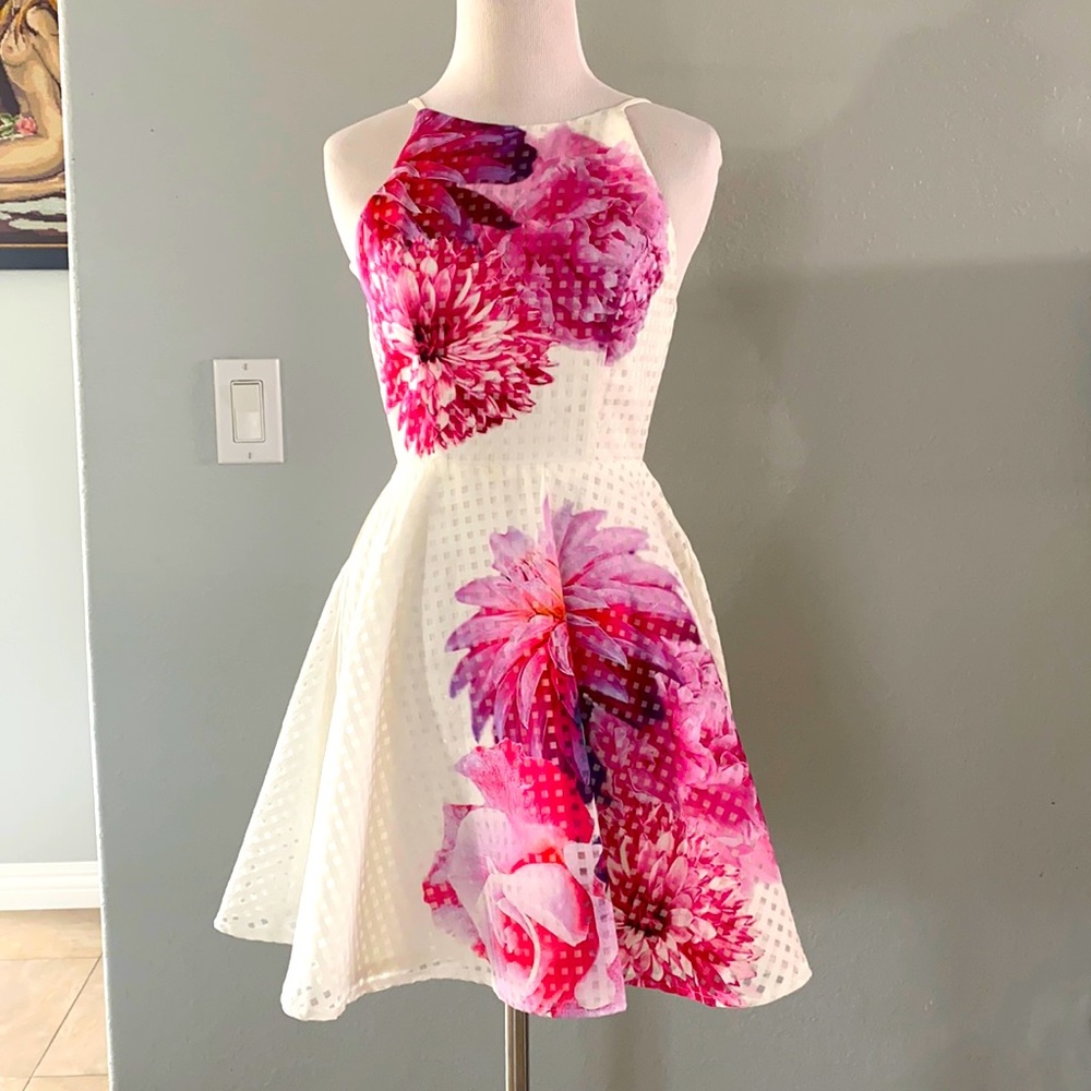 Gingerfizz White with Flowers Open Back Skater Mini Dress